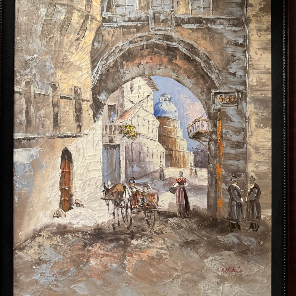 Original art | Vintage Street of Santorini Scene oil painting Art pro framing